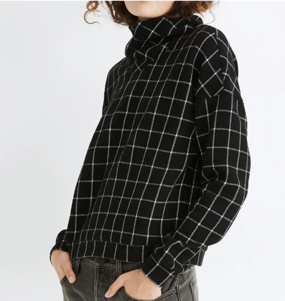Madewell Textured Turtleneck Top in Windowpane Black White Large